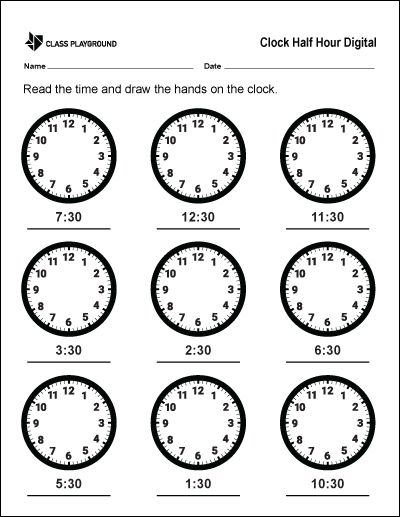 Printable Clock Half Hour Digital Worksheet - Class Playground
