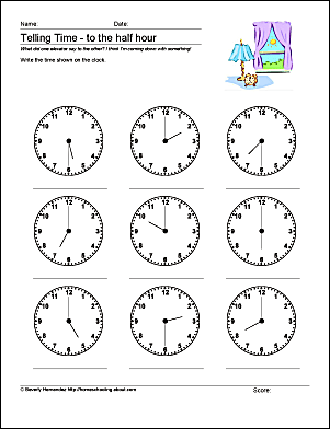 Math Worksheets to Help with Telling Time to the Half Hour