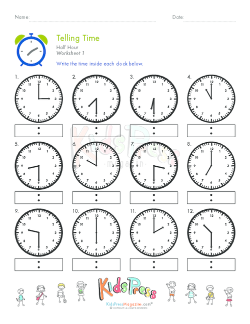 Telling Time Half Hour Worksheet # 1 - KidsPressMagazine.com