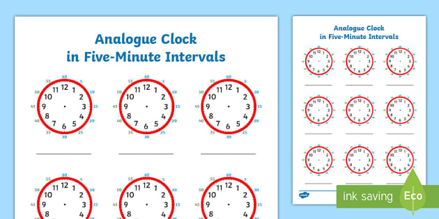 Analogue Clock in Five-Minute Intervals Worksheet - Twinkl