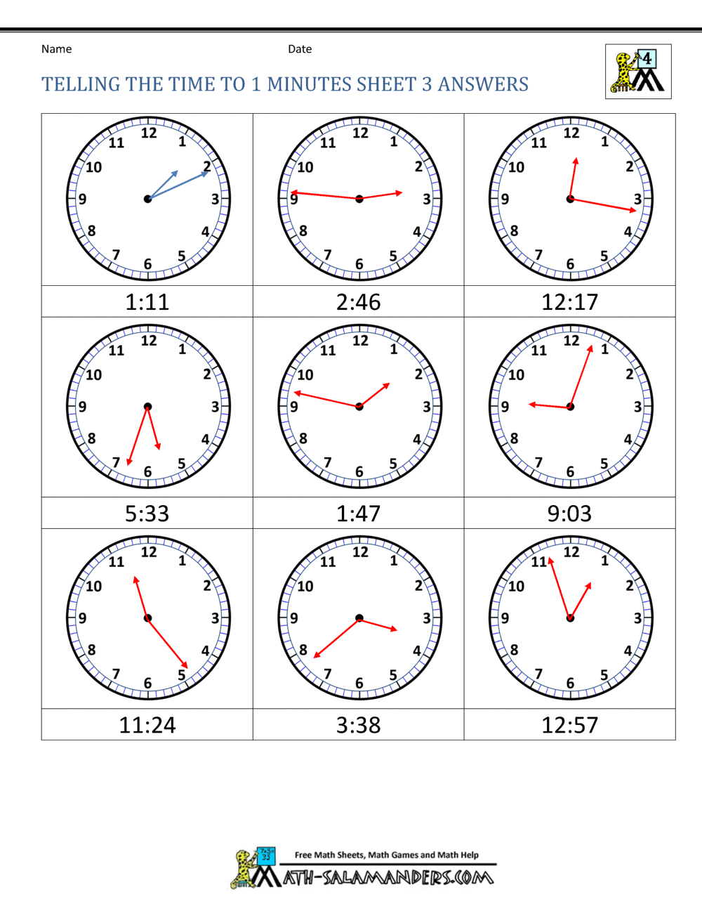 time worksheet one minute intervals