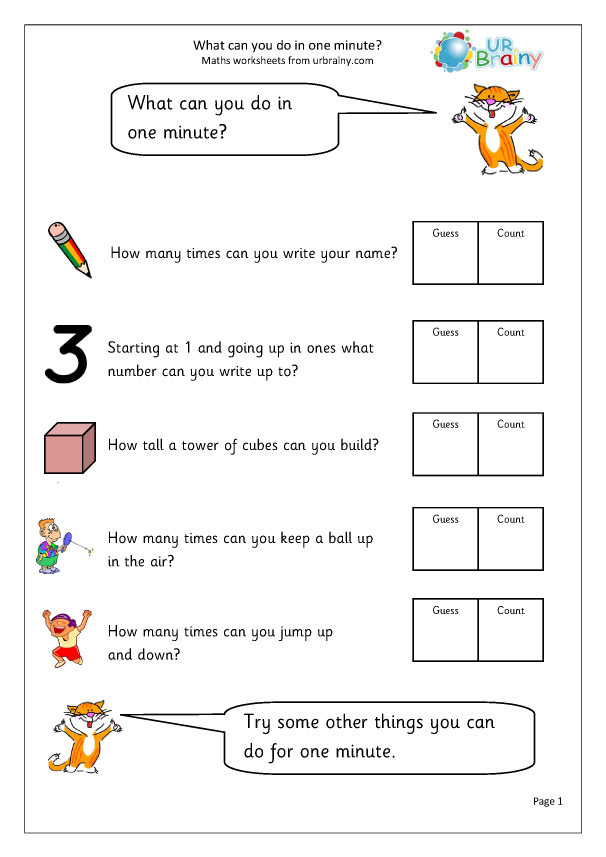 One minute - Time worksheets for Year 1 (age 5-6) by URBrainy.com