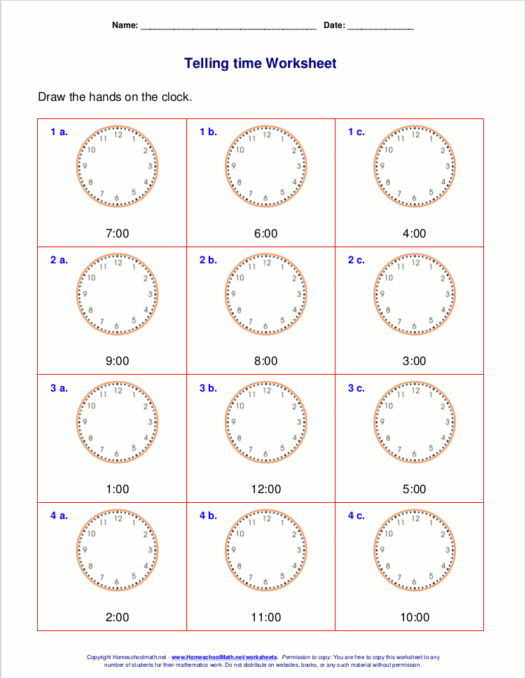 Telling time worksheets for 1st grade
