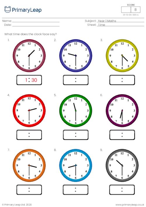 Numeracy: Telling the time (half past the hour) | Worksheet ...
