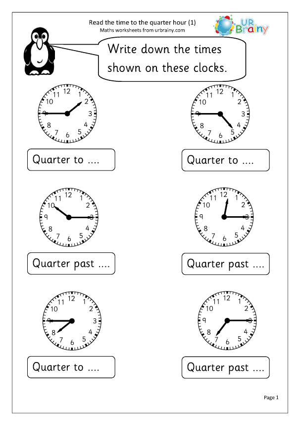 Time to the quarter hour (1) - Time Worksheets for Year 2 (age 6-7 ...