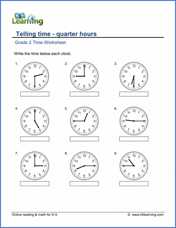 Grade 2 Telling Time Worksheets: Reading a clock - quarter hours ...
