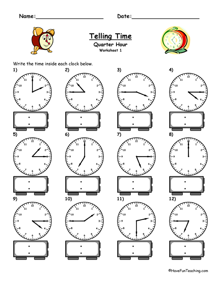 time worksheet quarter hour