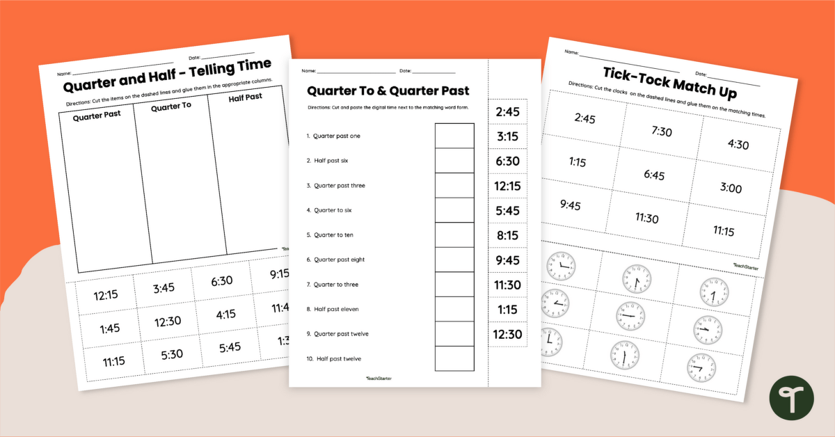 time worksheet quarter past half past
