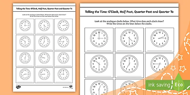 time worksheet quarter past half past