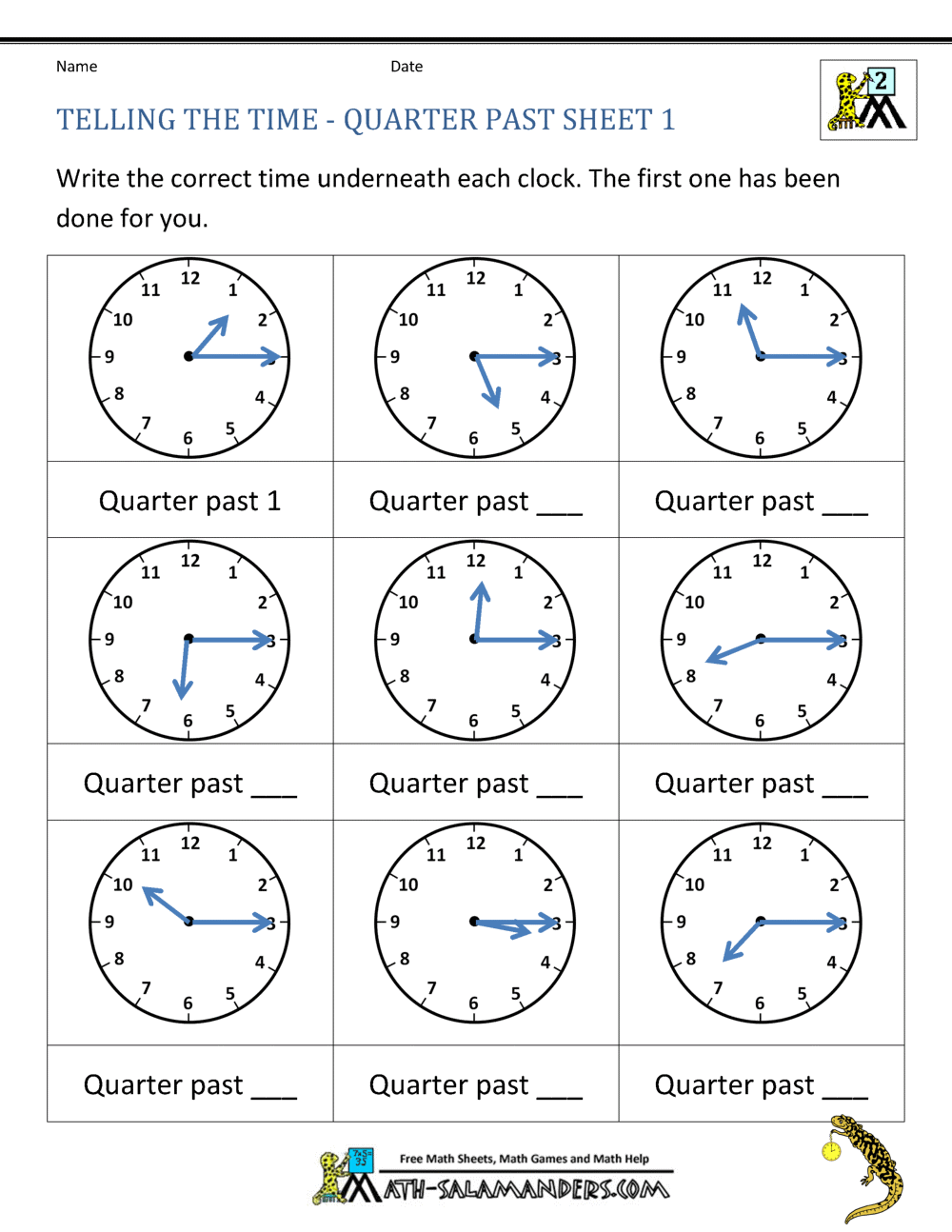 time worksheet quarter past half