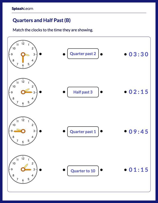 Quarters and Half Past - Math Worksheets - SplashLearn