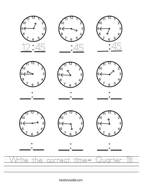 Write the correct time- Quarter Till Worksheet - Twisty Noodle