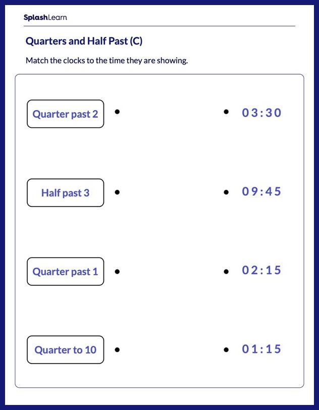 Quarters and Half Past on Digital clock - Math Worksheets ...