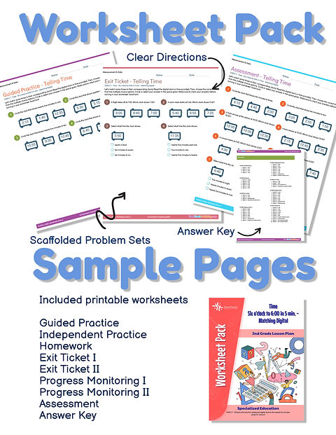 Worksheet Pack - Time: Six oclock to 6:00 in 5 min. - Matching ...