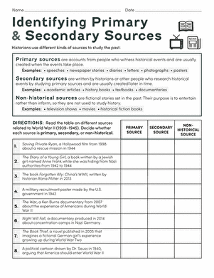 Identifying Primary and Secondary Sources | Worksheet 