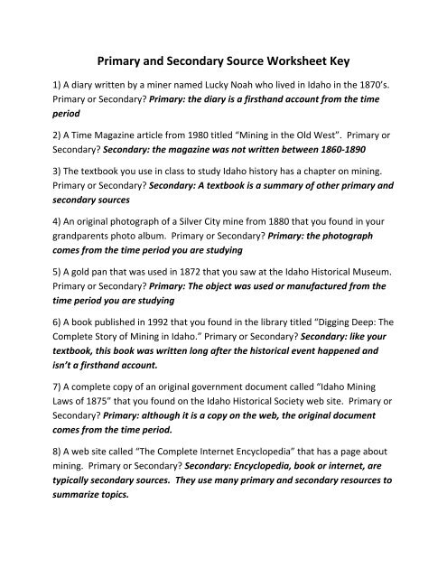 Primary and Secondary Source Worksheet Key - Idaho State ...
