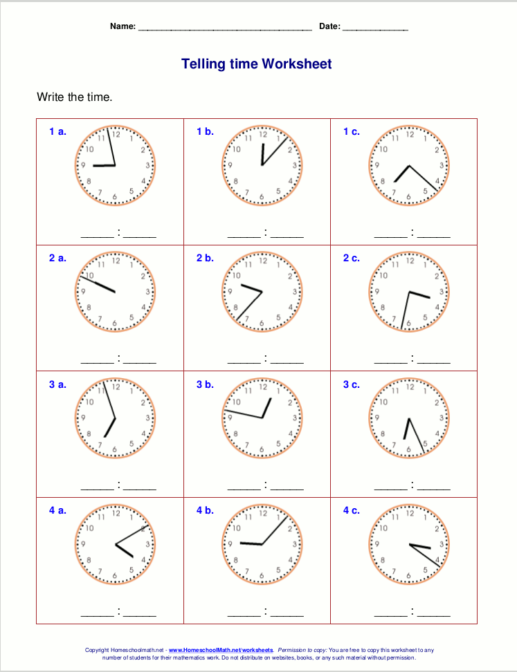 Telling time worksheets for 3rd grade