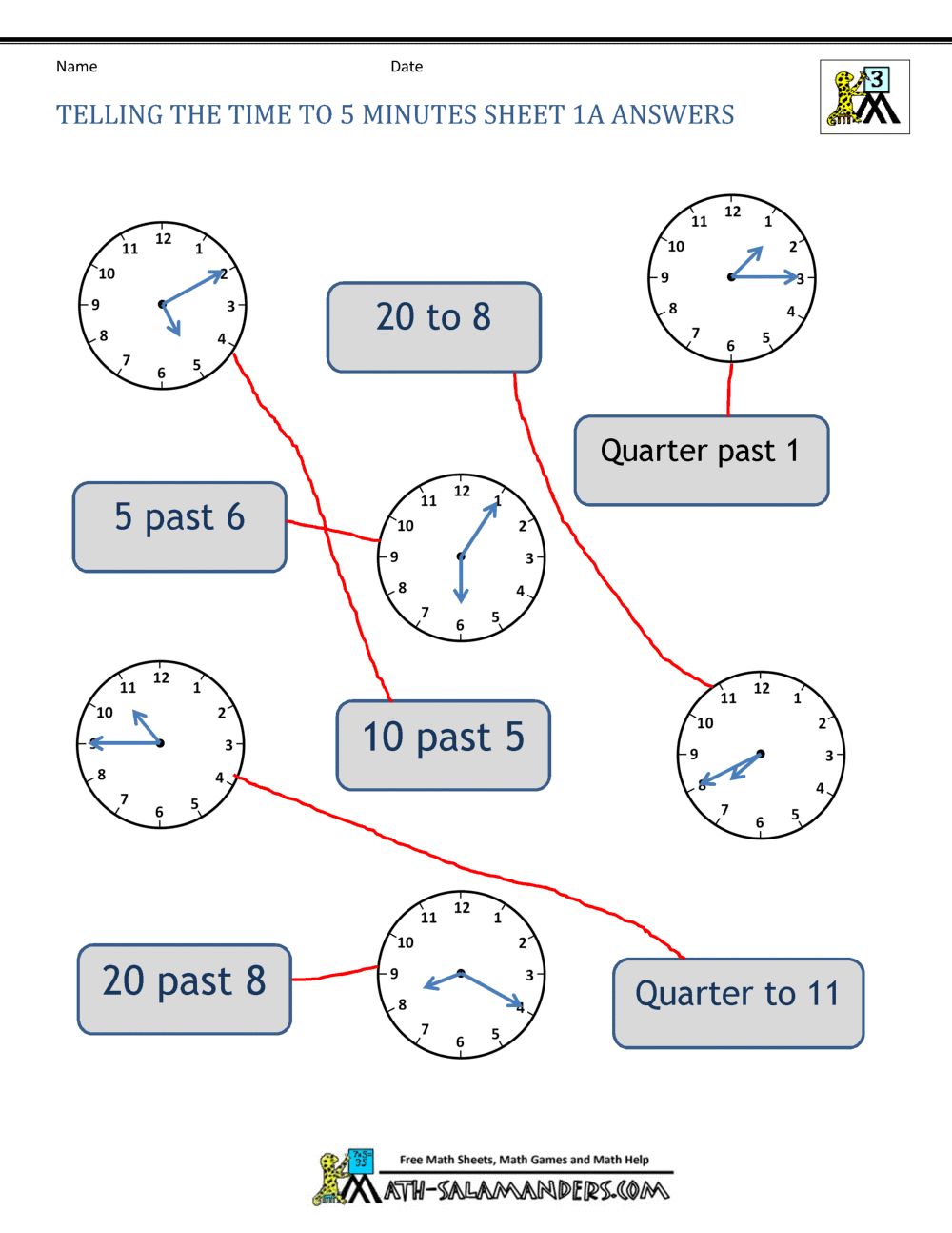 Telling Time to 5 minutes Worksheets