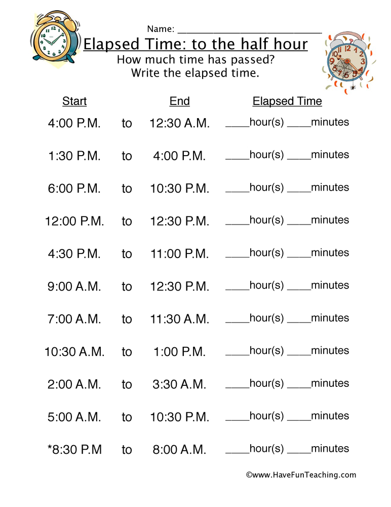 Half Hour Elapsed Time Worksheet  