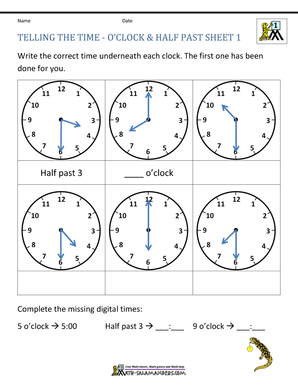 Telling Time Worksheets - Oclock and Half past