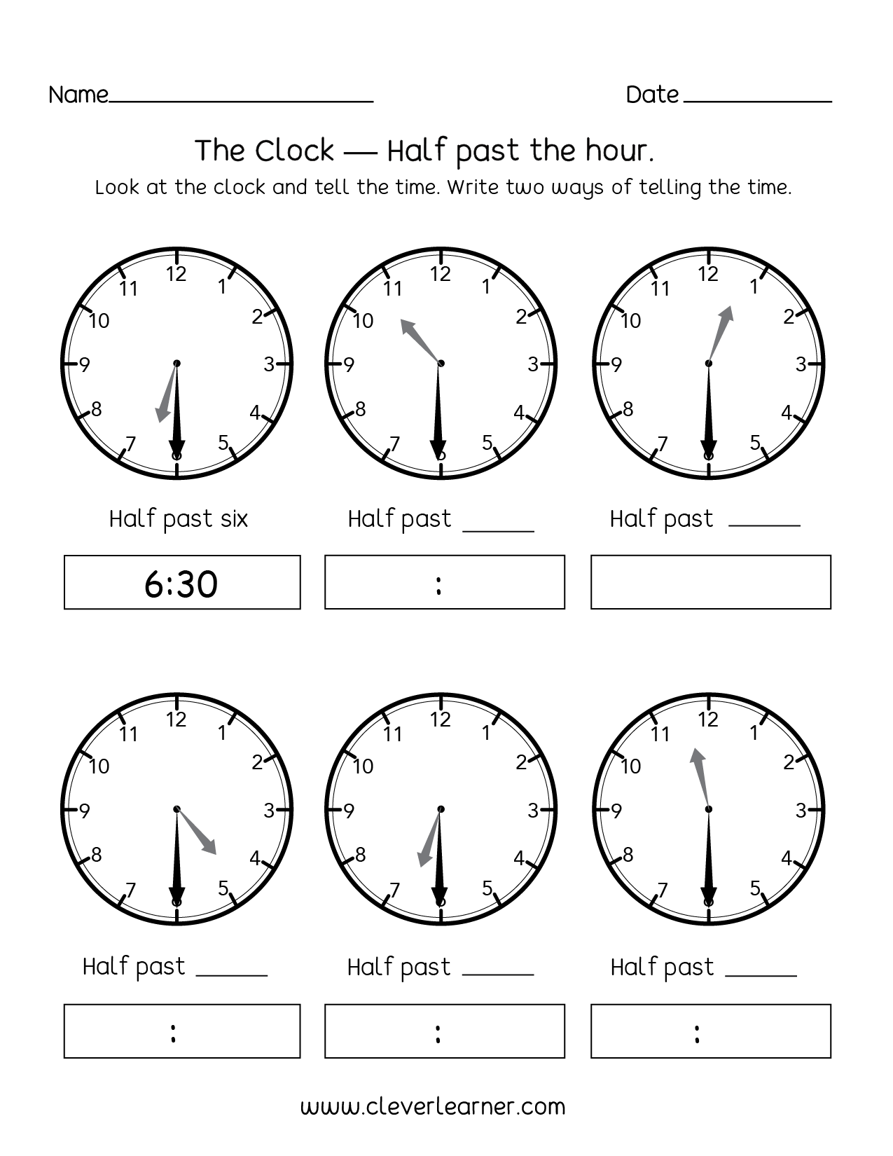 Telling time half past the hour worksheets for 1st and 2nd graders