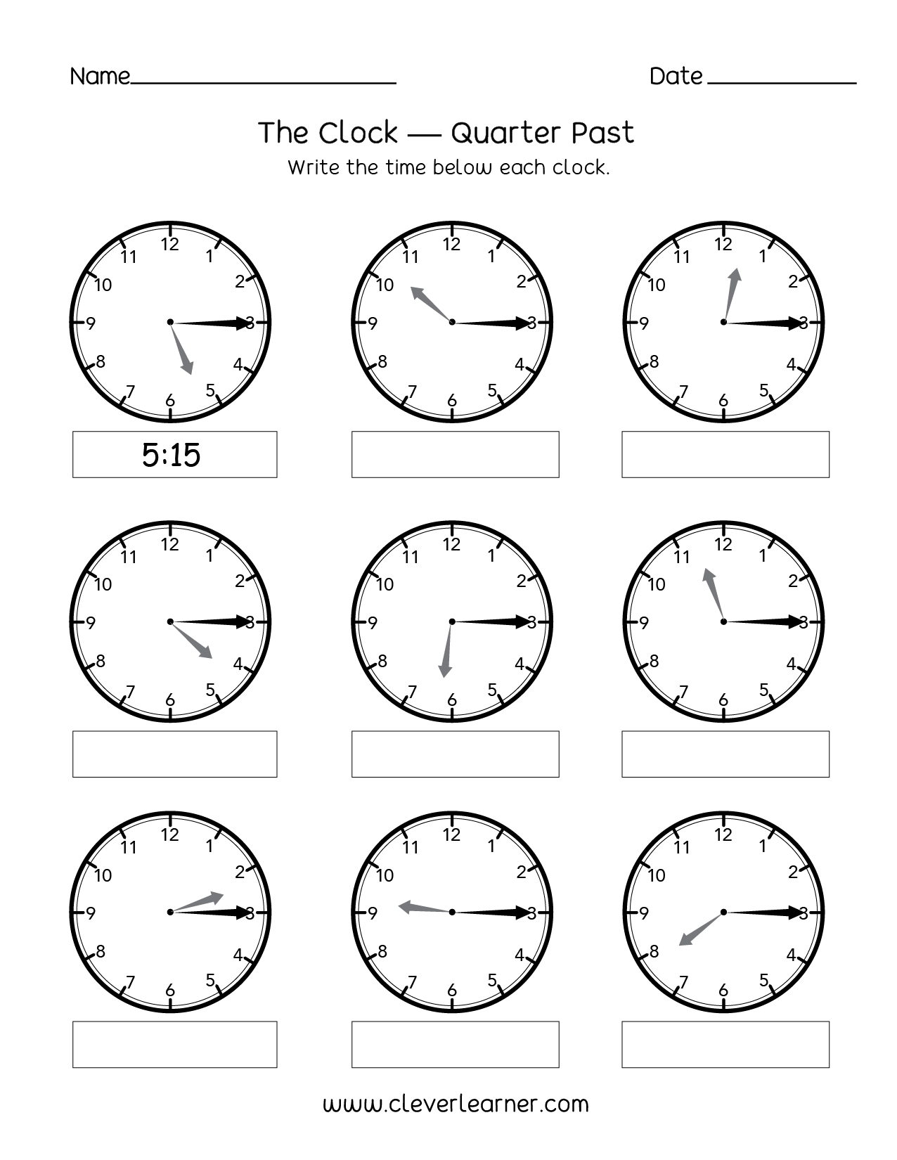 Telling time, quarter past the hour worksheets for 2nd graders