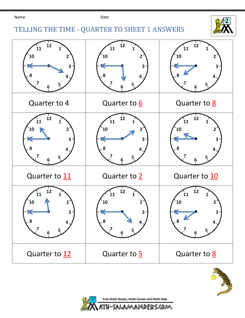 time worksheet to quarter hour