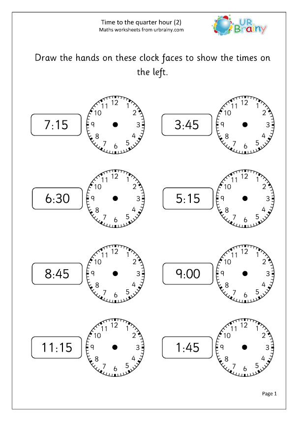 time worksheet to quarter hour