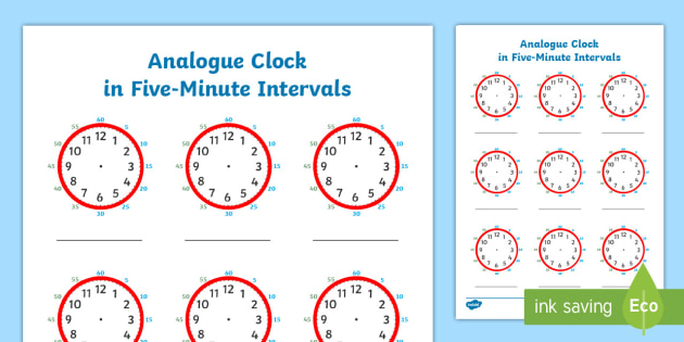 Analogue Clock in Five-Minute Intervals Worksheet - Twinkl