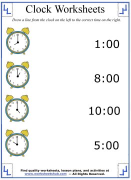 time worksheet to the hour for kindergarten