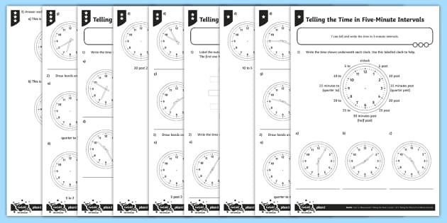Telling the time worksheets in 5-minute intervals. - Twinkl