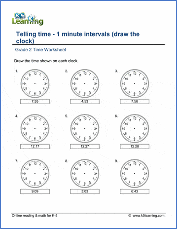 Grade 2 Telling Time Worksheets: 1 minute intervals (draw the ...