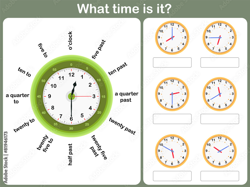 Telling time worksheet. write the time shown on the clock Stock ...