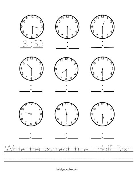 Write the correct time- Half Past Worksheet - Twisty Noodle