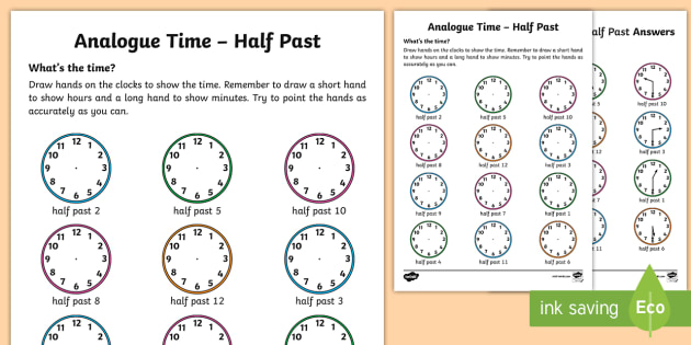 Analogue Time Half Past Worksheet / Worksheet (teacher made)
