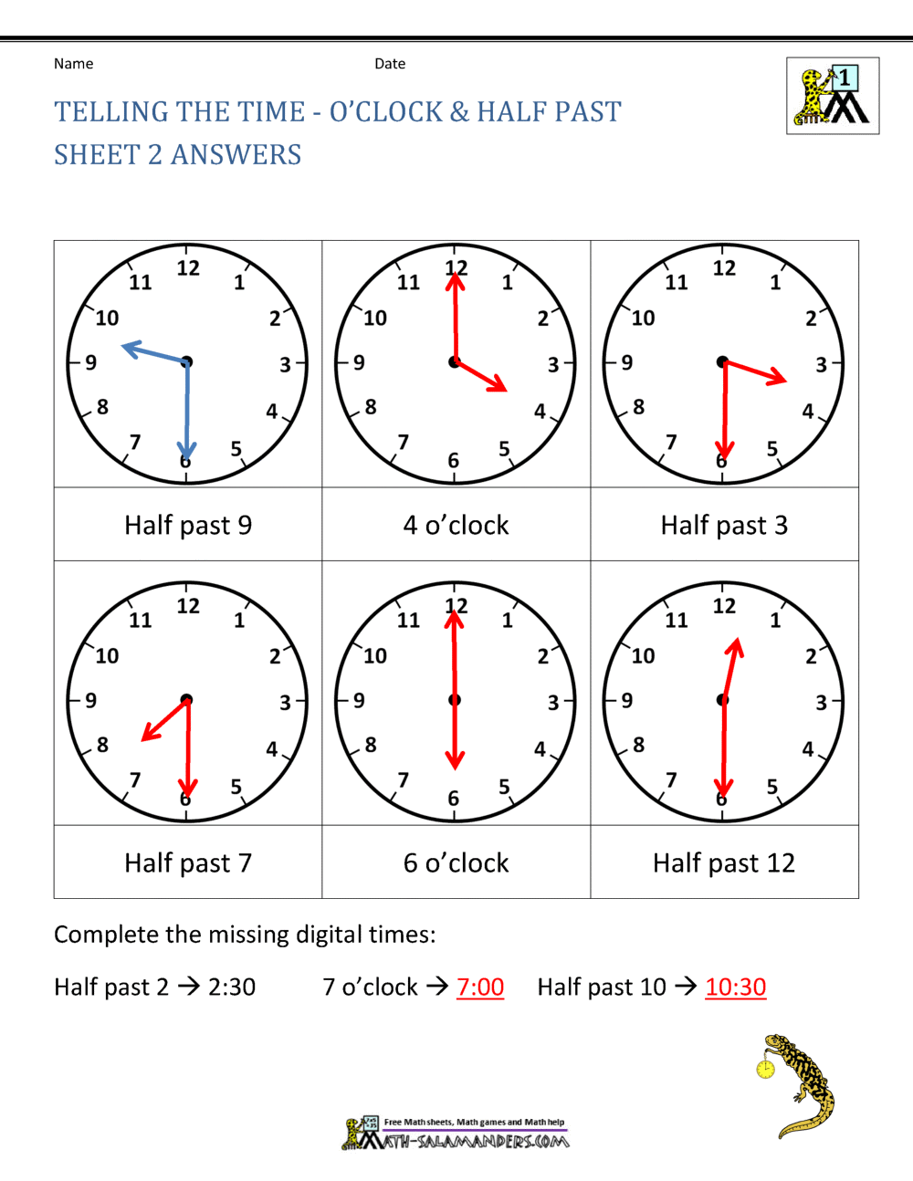 Telling Time Worksheets - Oclock and Half past