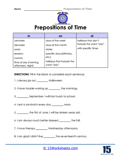 Prepositions of Time Worksheets - 15 Worksheets Library