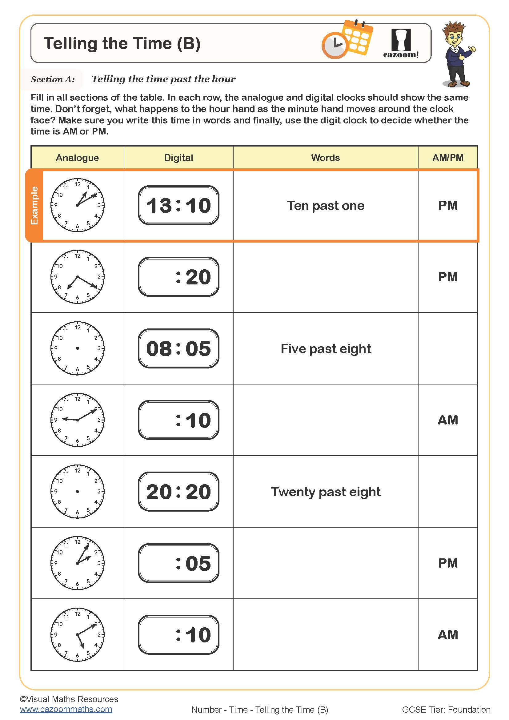 Telling the Time (B) | Cazoom Maths Worksheets