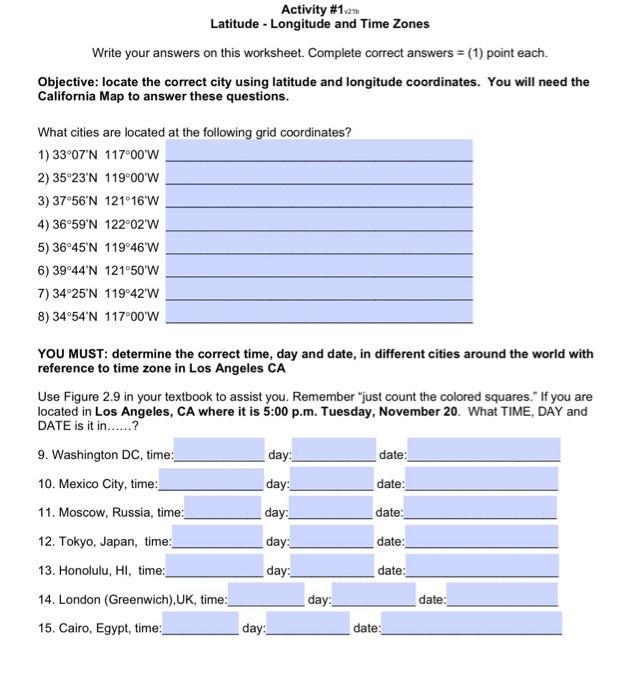 Solved Activity 1v2t Latitude Longitude and Time Zones