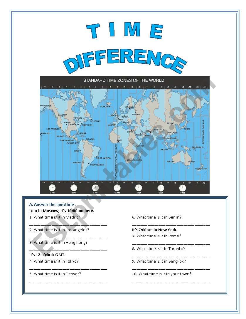 World Time Zones - ESL worksheet by Fenixgirl