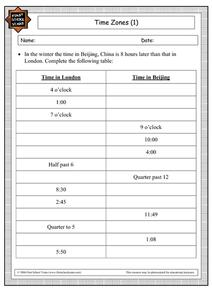 Time Zones (1) Worksheet for 5th - 6th Grade | Lesson Planet