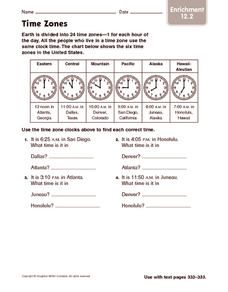 Time Zones: Enrichment Worksheet for 4th - 5th Grade | Lesson Planet