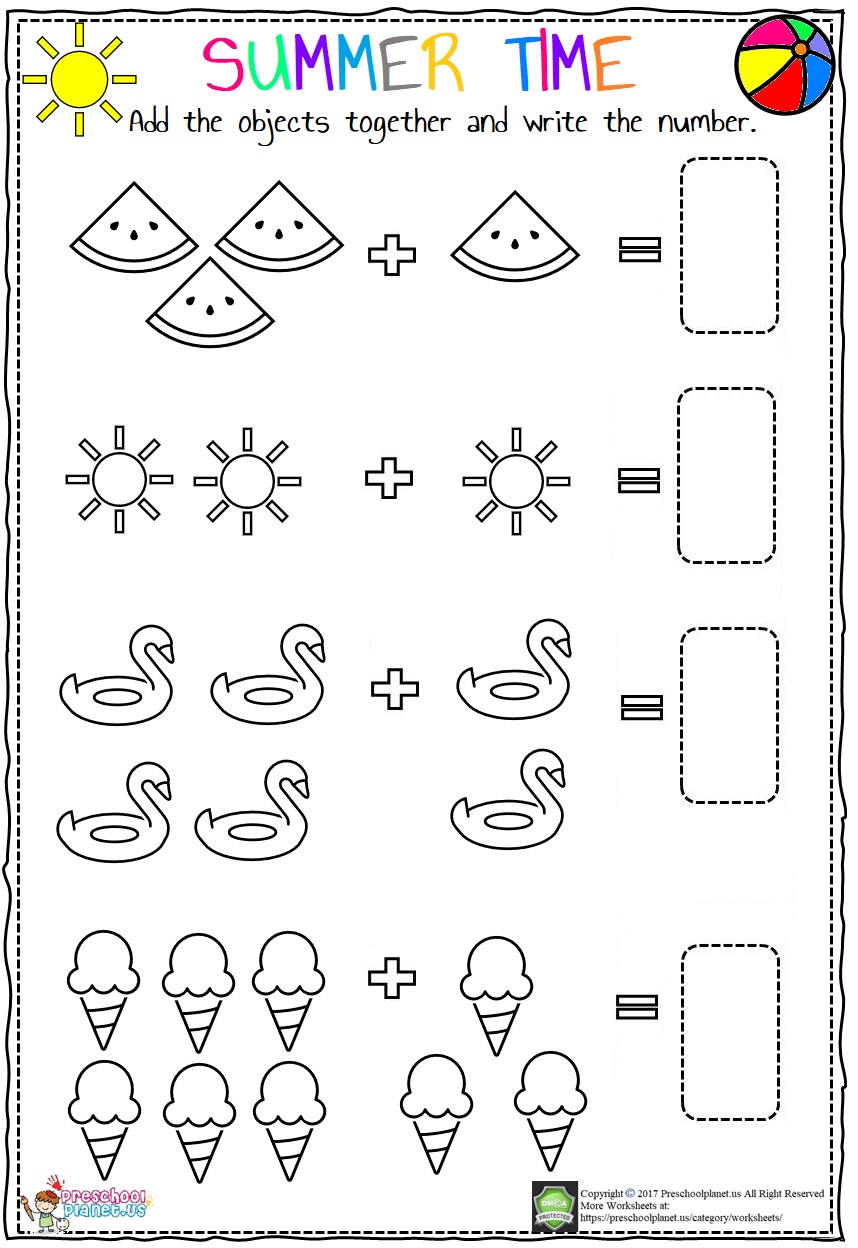 Summer Addition Worksheet For Kids - Preschoolplanet