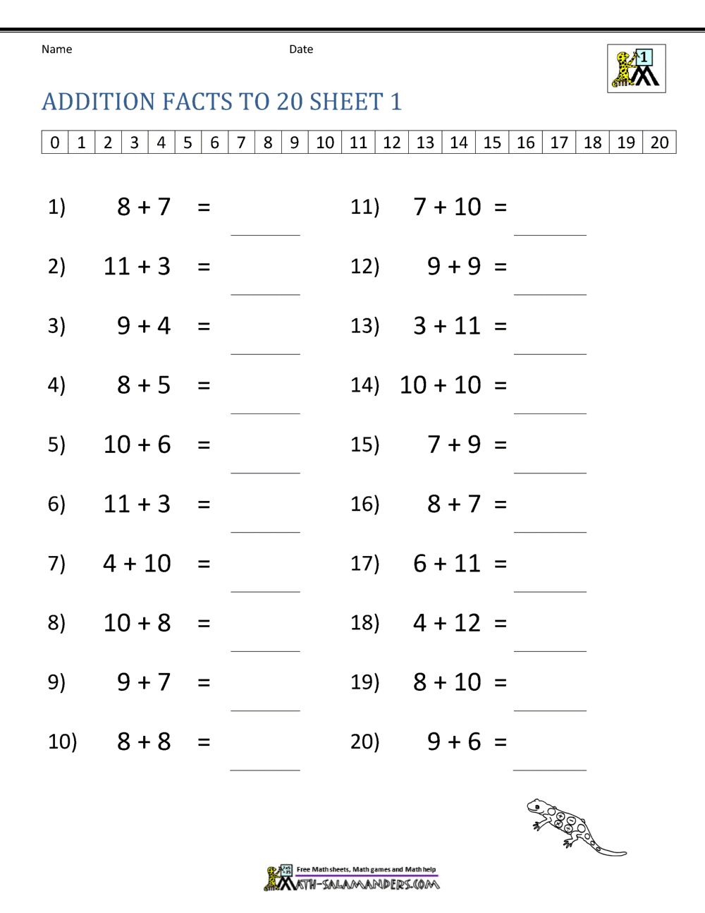Addition Facts to 20 Worksheets