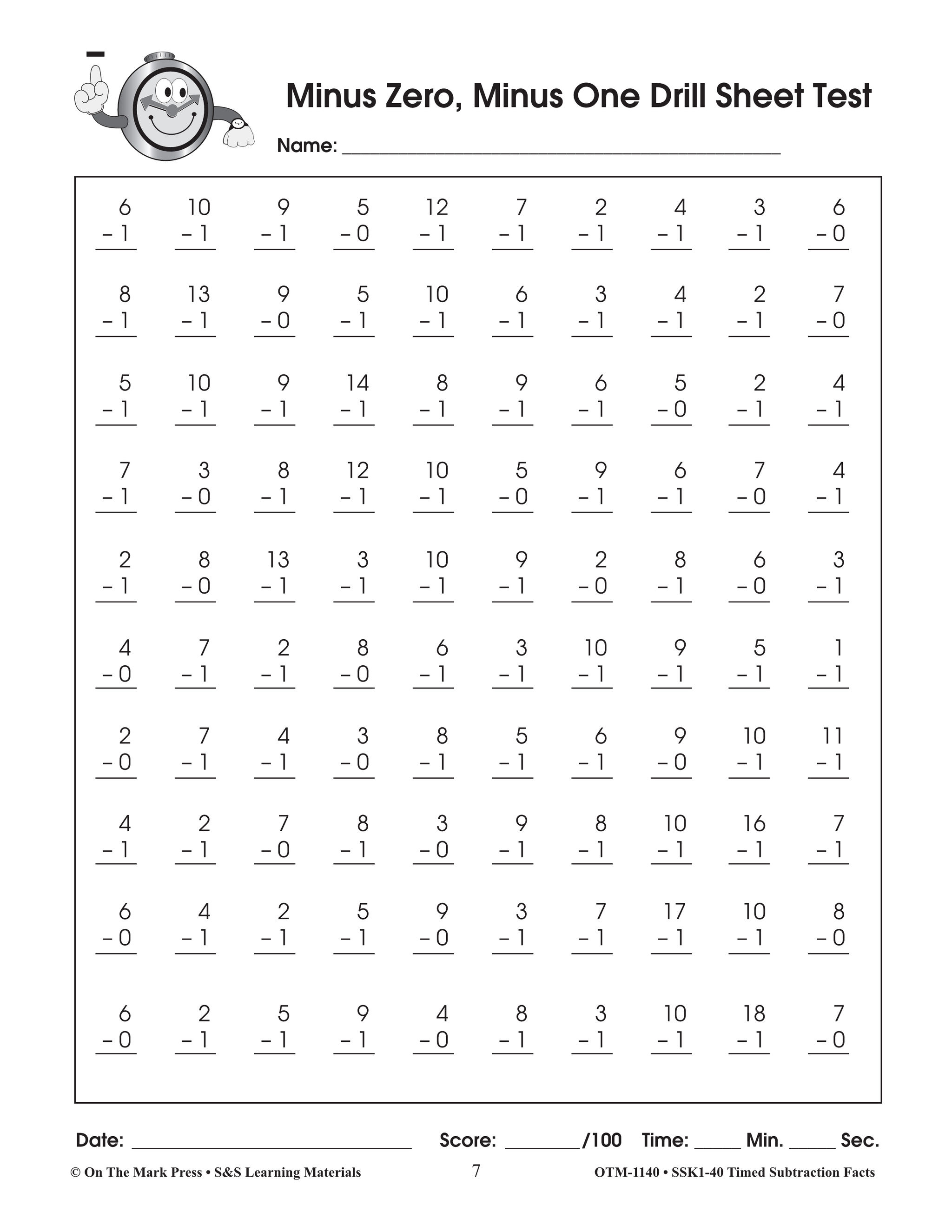 timed subtraction worksheet 2nd