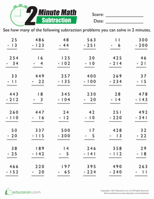 timed subtraction worksheet 2nd