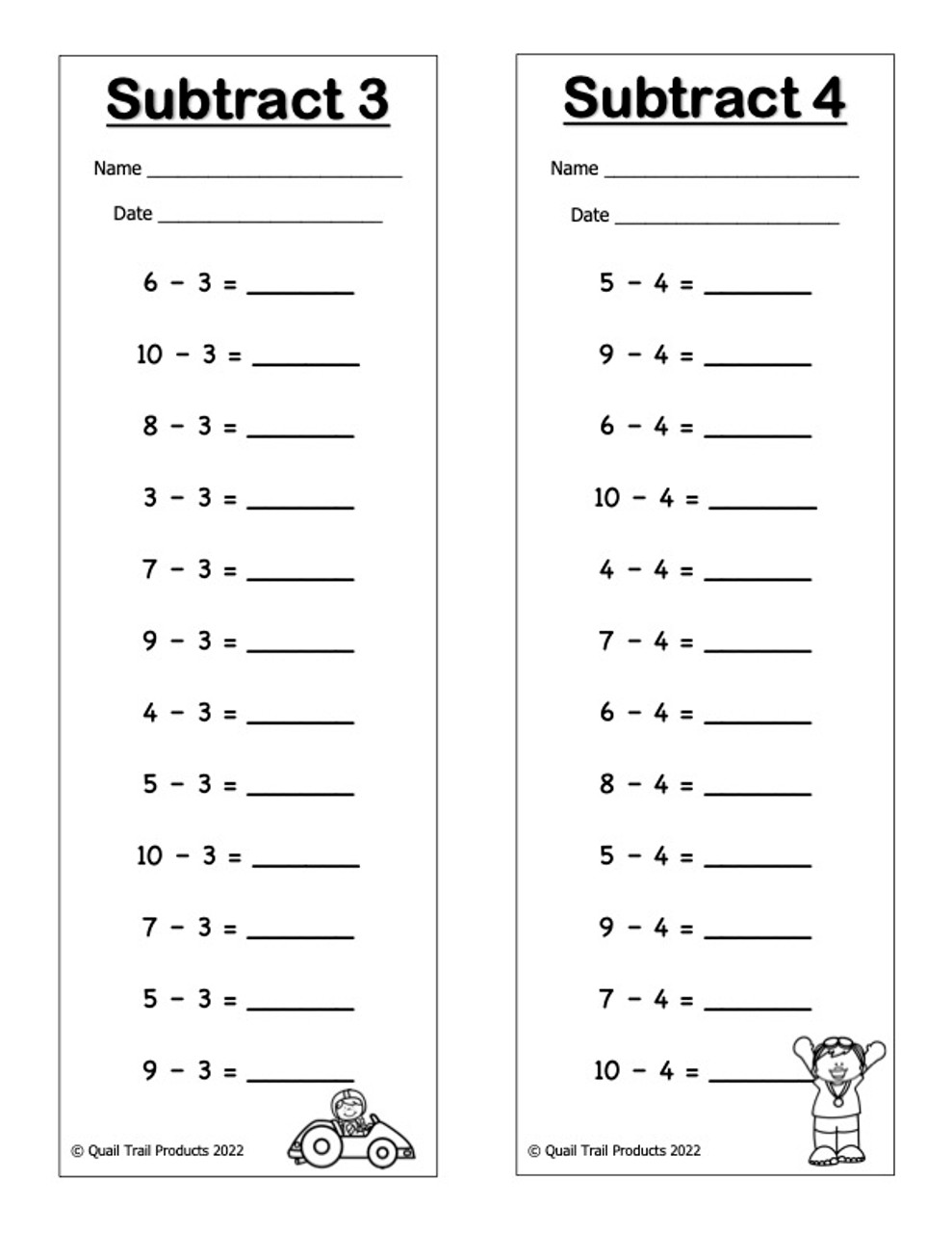 Single Digit Subtraction Worksheets and Timed Assessments