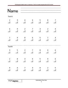 Subtraction Timed Test Worksheet for 1st - 3rd Grade | Lesson Planet