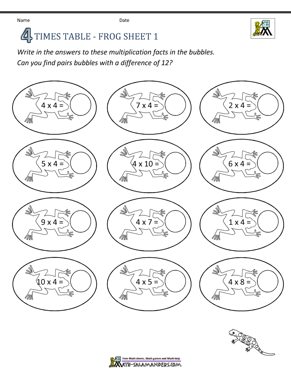 Times Tables for kids - 4 Times Table Sheets