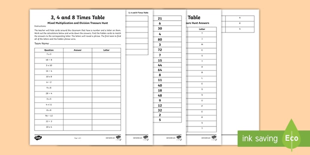3, 4 and 8 Times Tables Mixed Multiplication and Division Treasure ...